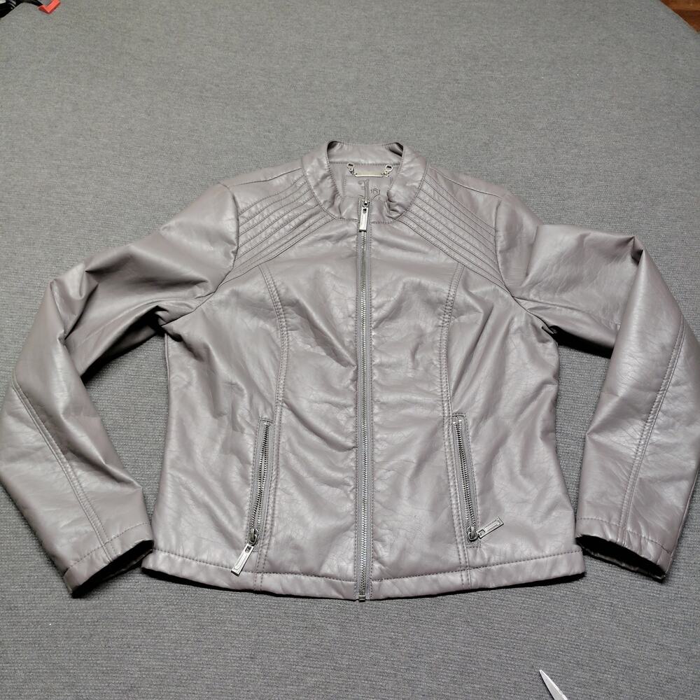 J2 Faux Leather Moto Jacket Womens Large Gray Racer Zip Coat